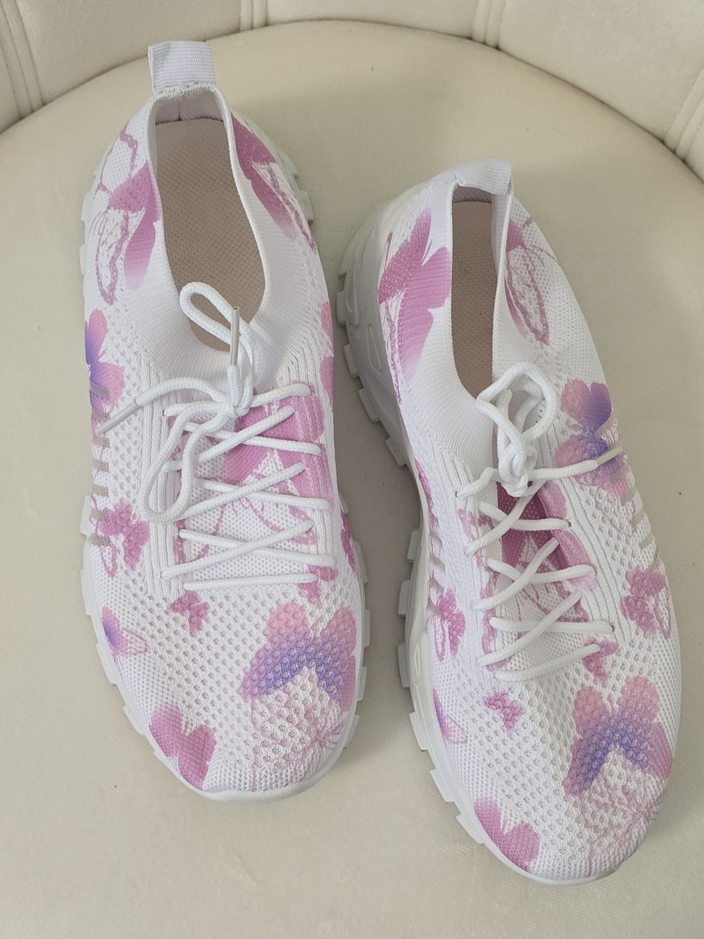 White Pink Butterfly Knit Low Top Women's Lace Up Athletic Sneakers Size 9 GUC